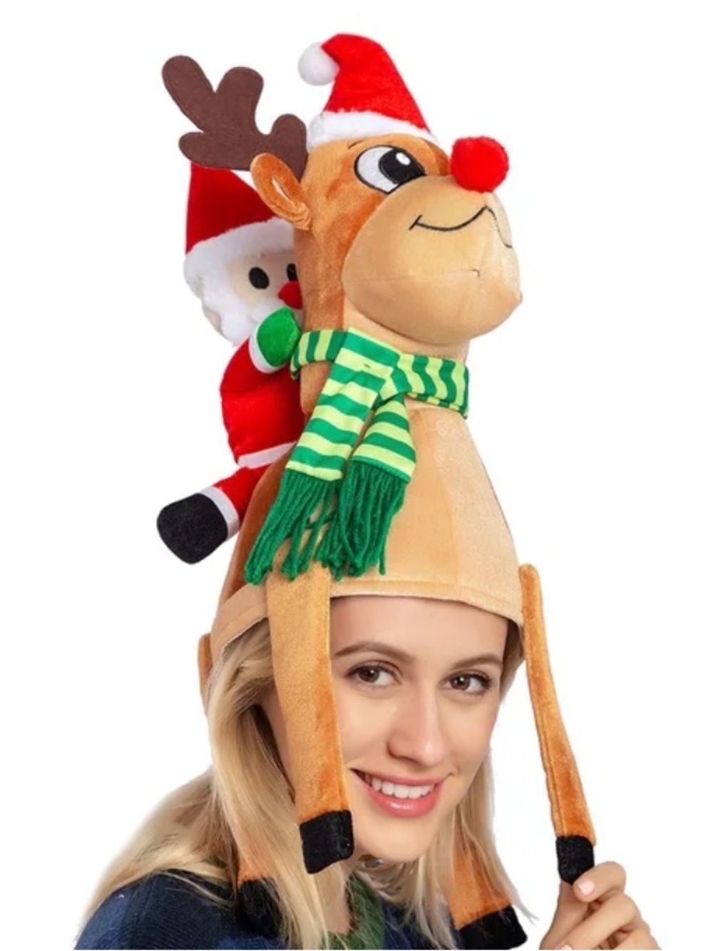 Christmas hat Santa riding reindeer plush hat